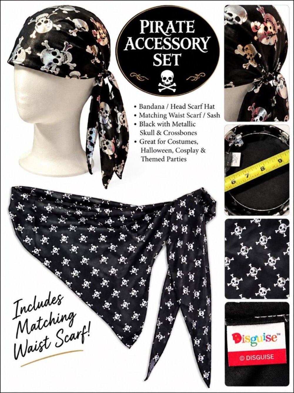 Pirate Skull Bandana & Matching Waist Scarf Set – Black Skull & Crossbones